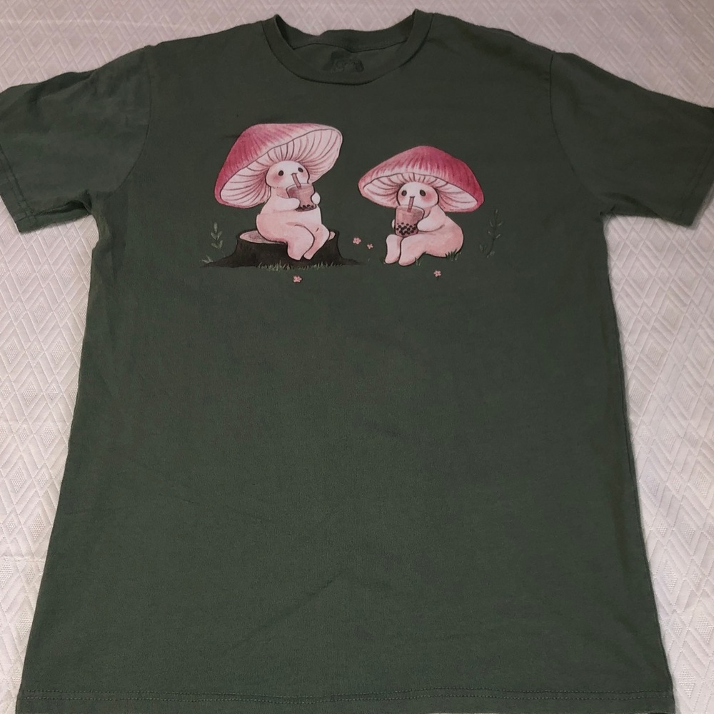 Women's Green Short Sleeve Tee with Pink Mushroom Graphic